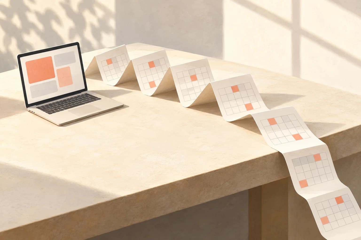A small laptop beside a long strip of blank calendar pages unfolding across a table.