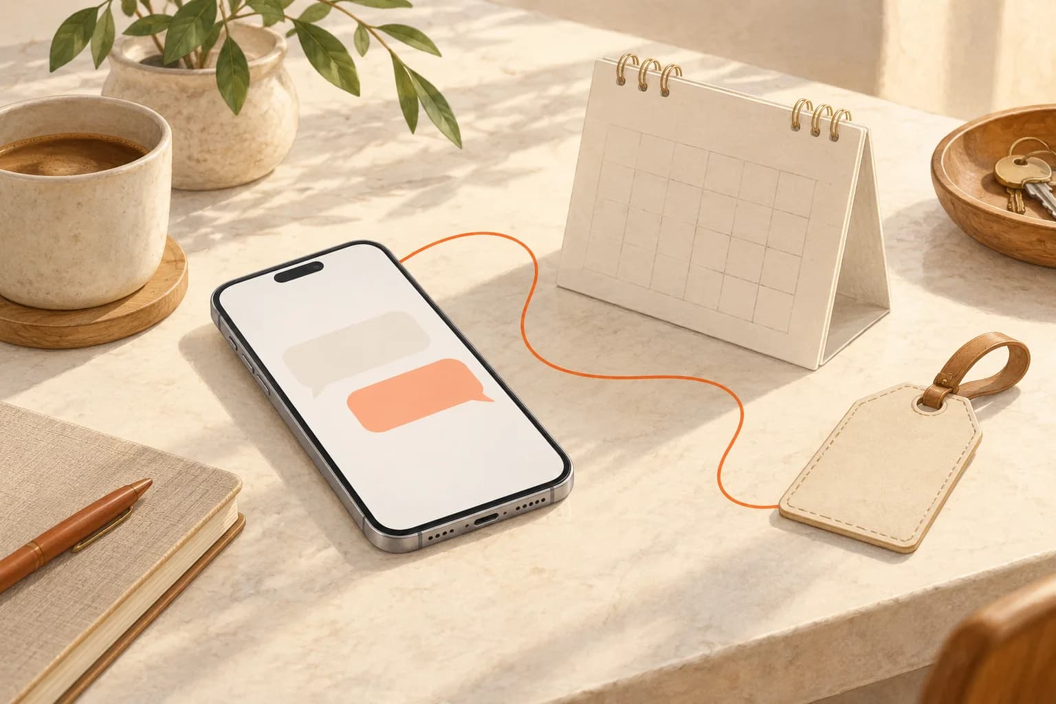 A phone with blank message bubbles beside a calendar and luggage tag, connected by a coral line.