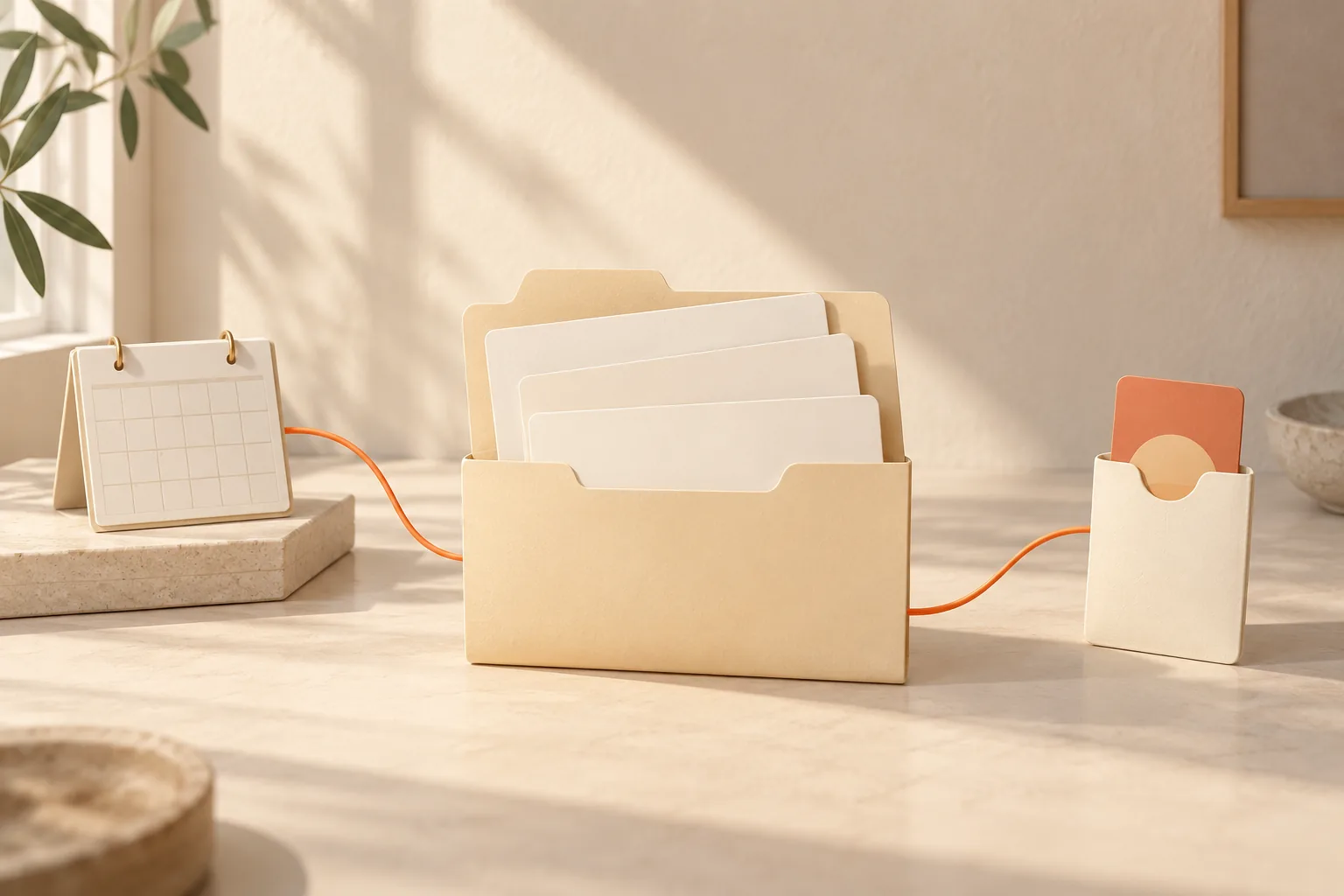 Blank context cards in an open folder connected to a calendar and hotel key sleeve by a coral path.