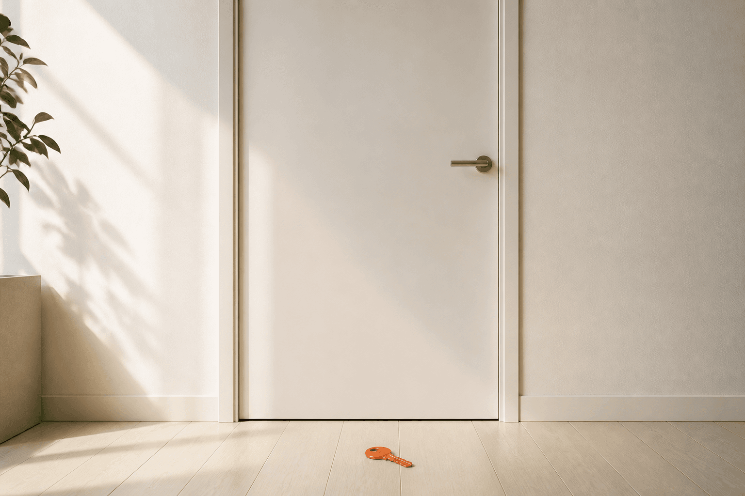 A closed office door seen straight on, warm off-white walls, a single coral key resting on the floor just outside it.