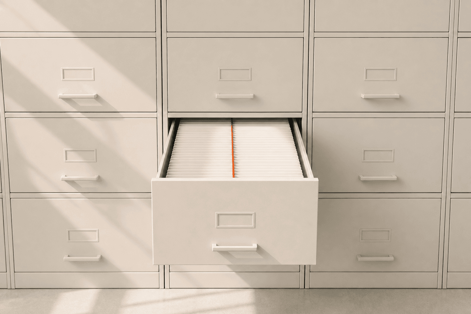 A long row of identical filing drawers, all shut, with one drawer pulled open to reveal a single coral thread running through the files inside.