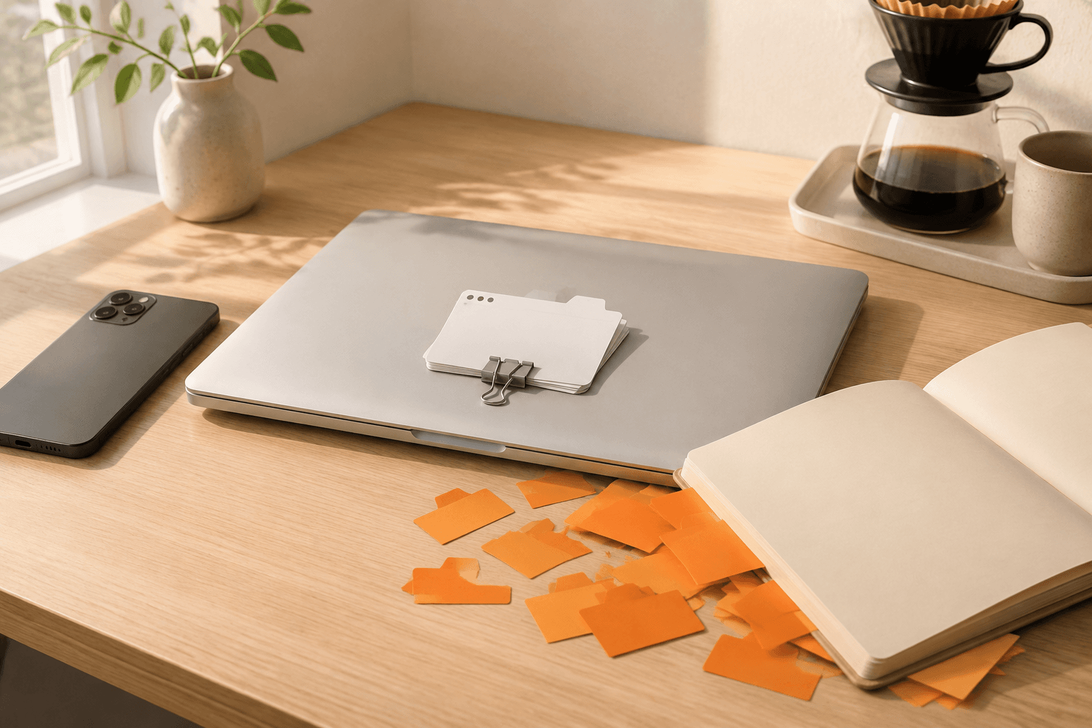 A closed laptop with four blank browser-tab cards clipped neatly on top, beside a notebook spilling orange idea cards across a sunlit desk.
