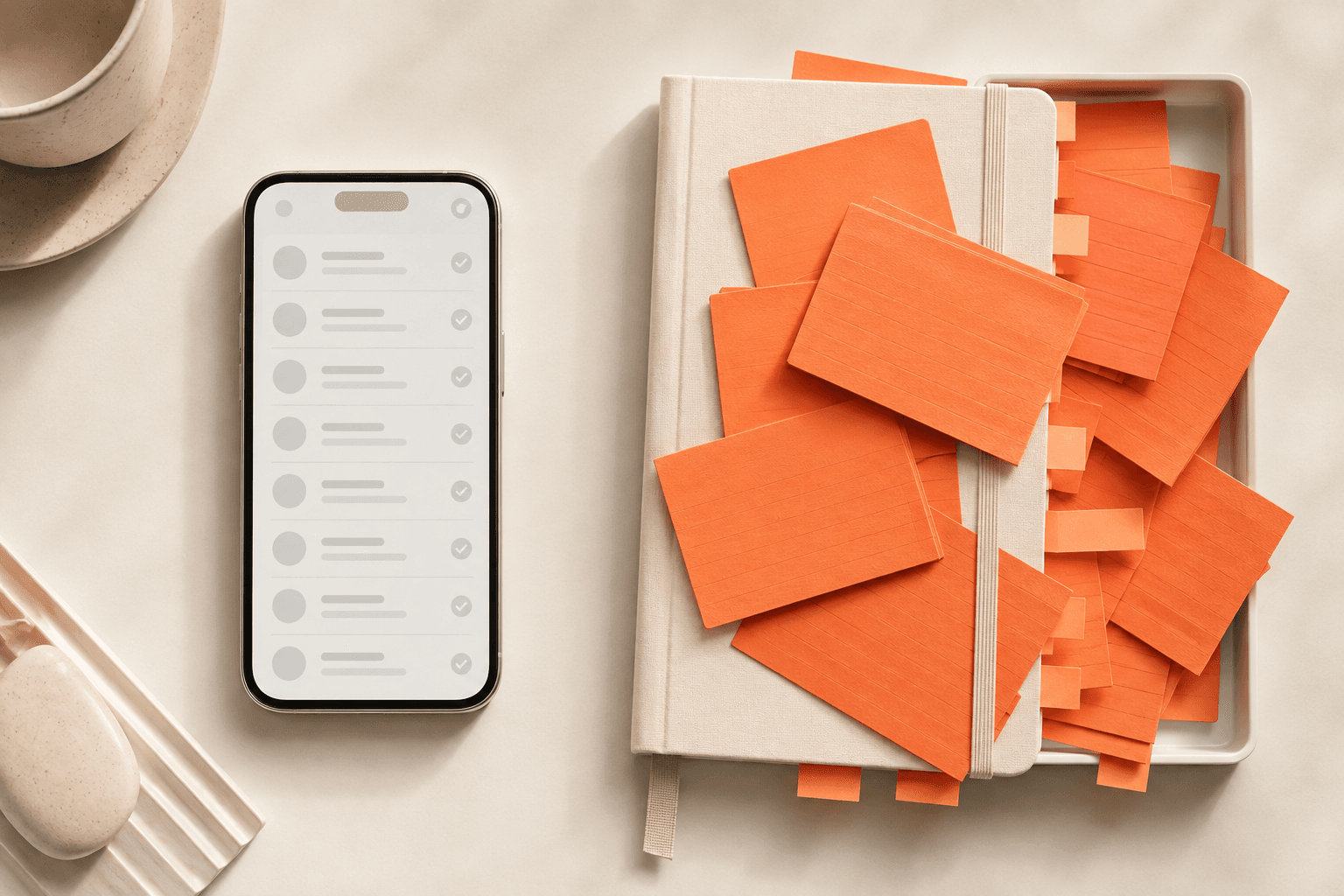 An orderly muted message list on a phone beside a notebook overflowing with orange idea cards.