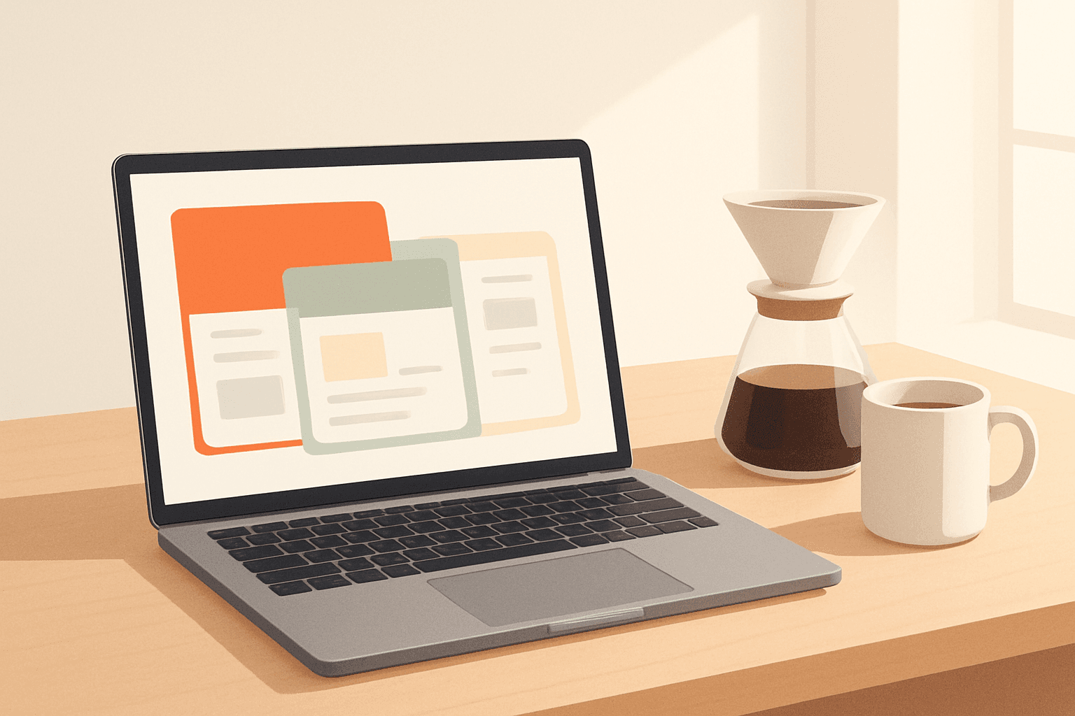 A laptop on a wooden desk, screen showing four overlapping translucent browser tabs in light coral and sage tones. Pour-over coffee setup at the desk edge, empty. Soft morning light.