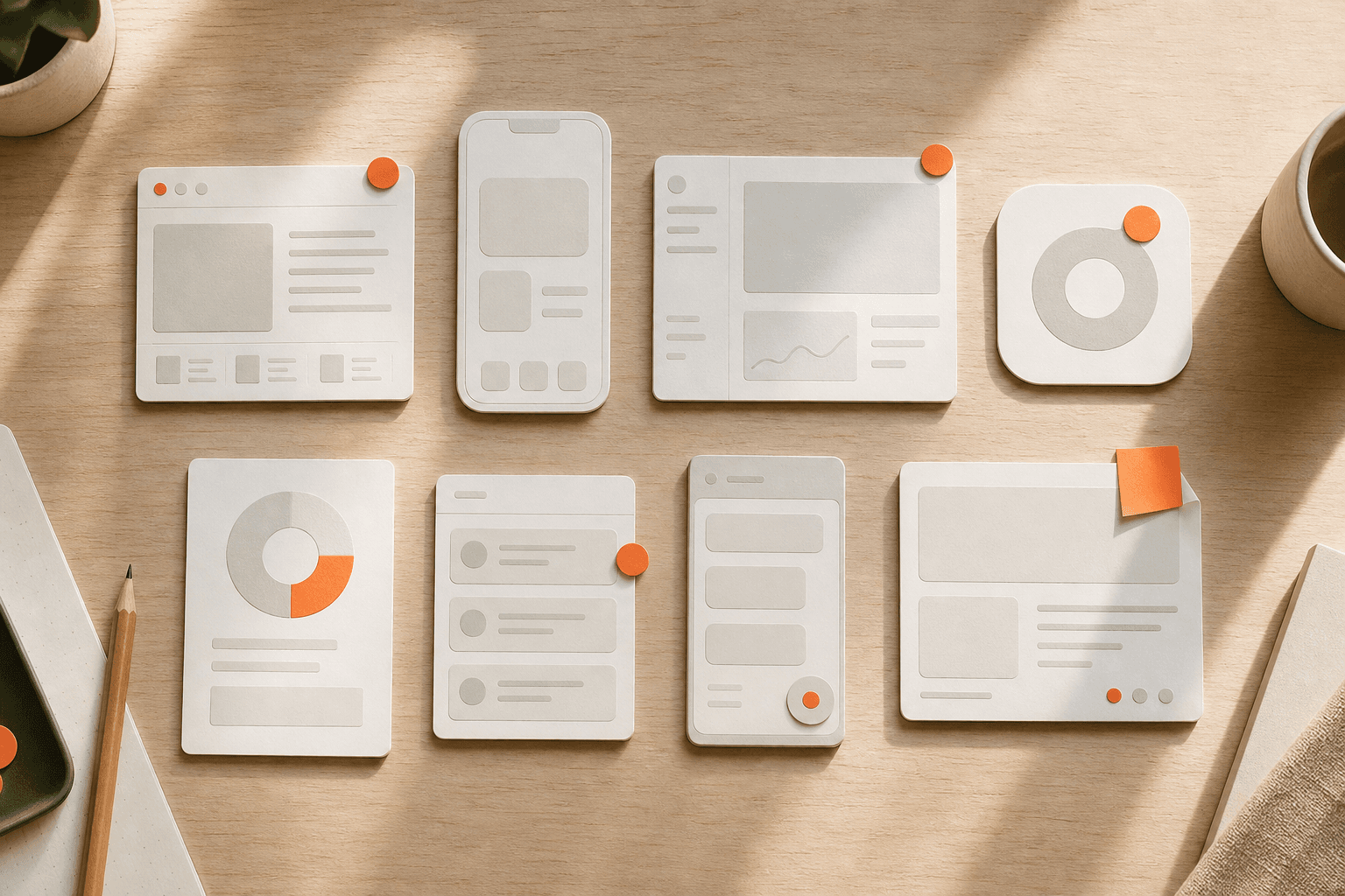 Top-down view of a designer's wooden workbench with eight small abstract product mockups arranged loosely, coral pins on a few of them. Magazine-editorial illustration of a curriculum of attempts.