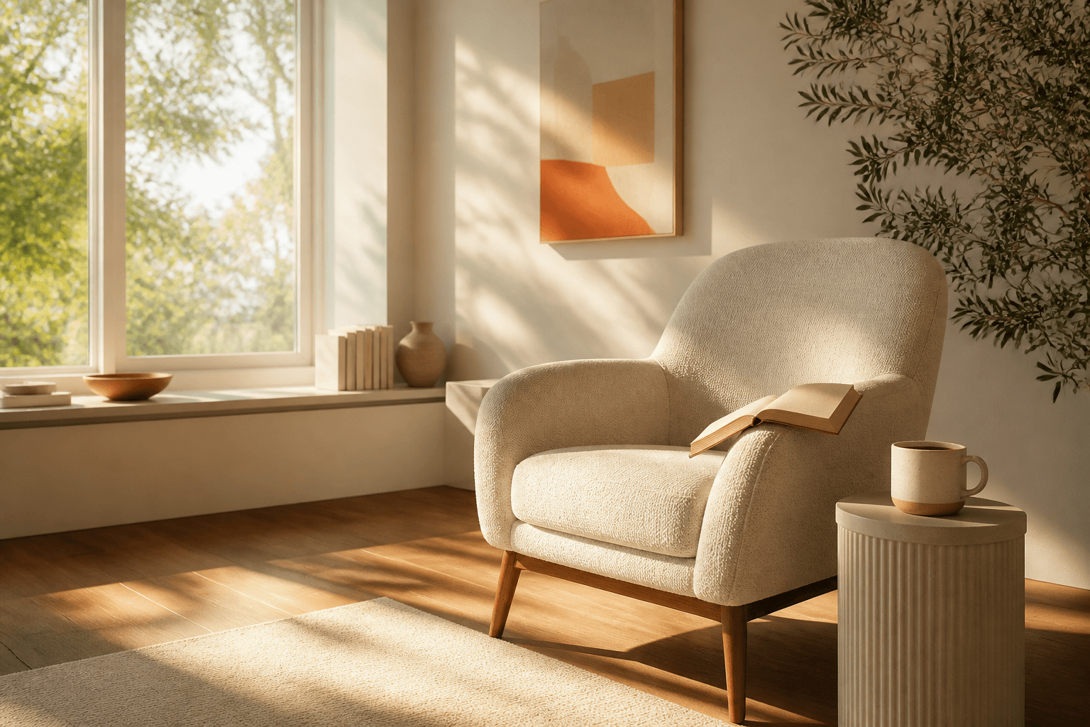 A wide window with morning light, a comfortable reading chair beside it, an open hardcover book face-down on the chair-arm, a half-full coffee mug on a side table. Quiet, reflective, no people.