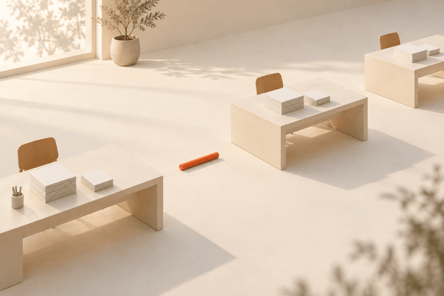 A coral relay baton lying in the gap between tidy cream desks with stacks of blank documents.
