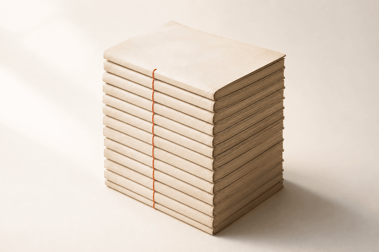 A tall stack of plain unlabelled bound ledgers on a warm off-white surface, a single coral thread running through every spine.