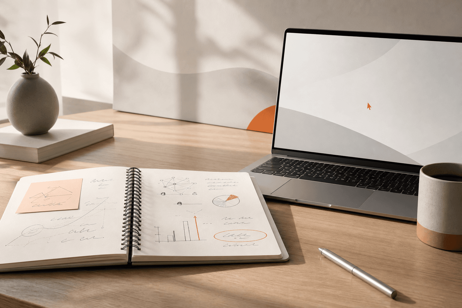 An open spiral notebook with abstract margin notes beside a clean laptop on a wooden desk, cool morning light through a window. Magazine-editorial illustration.