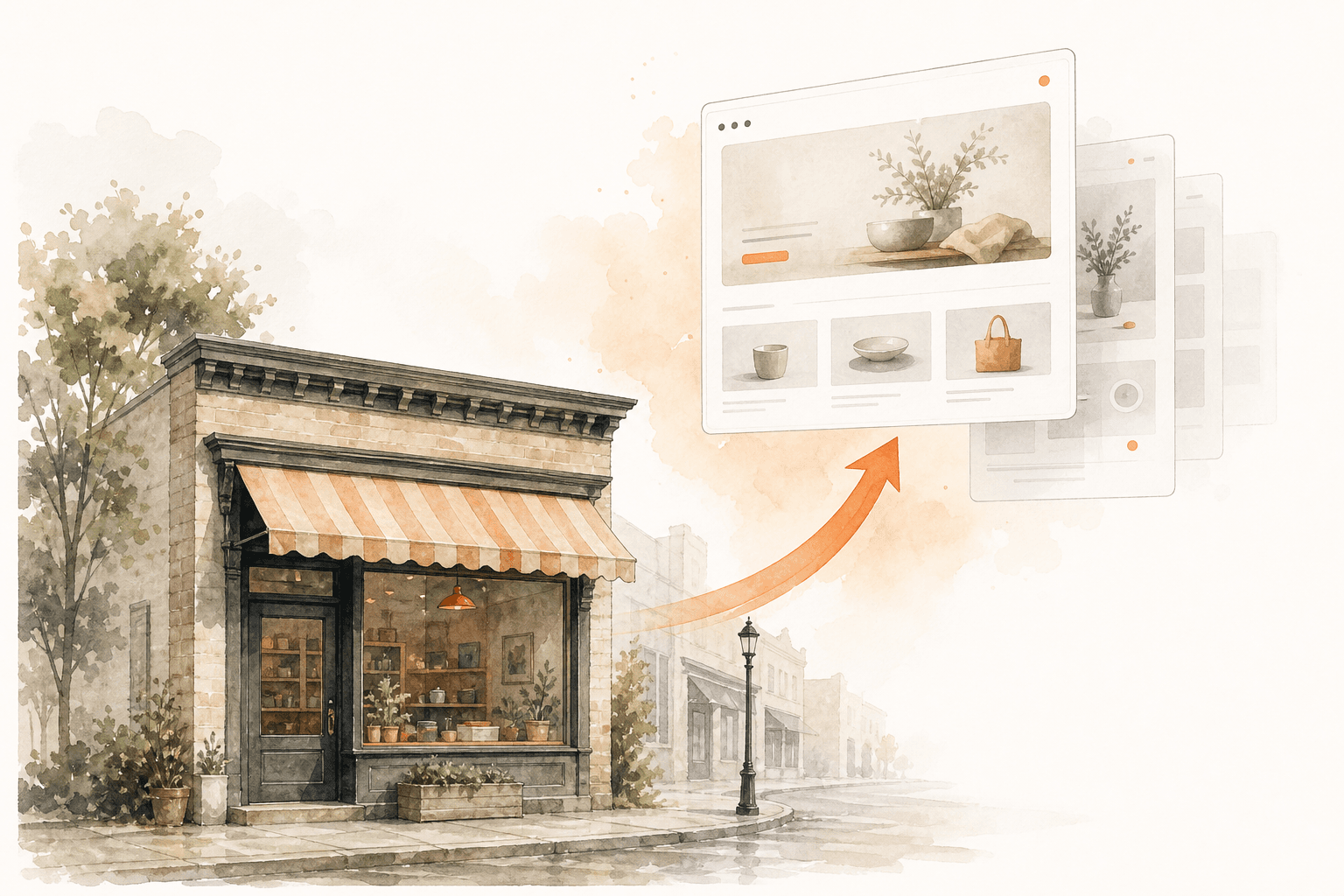 A small-town storefront transforming into a modern website, linked by a faint coral arrow