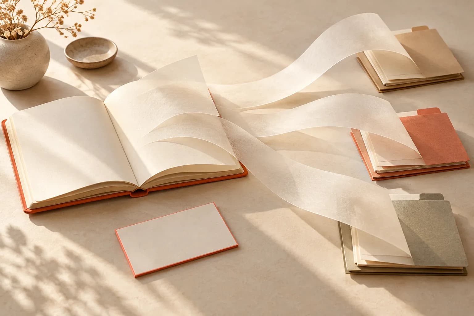 An open notebook with translucent pages extending toward three work folders, suggesting expertise shared across a team.