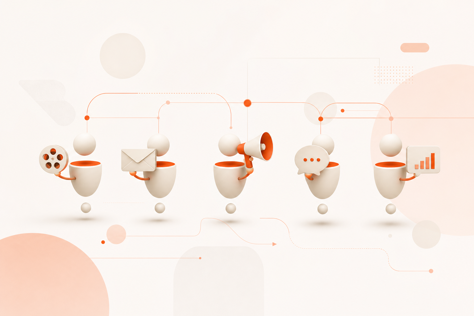 Five AI agents in a row, each handling a different task, linked by a coral workflow line