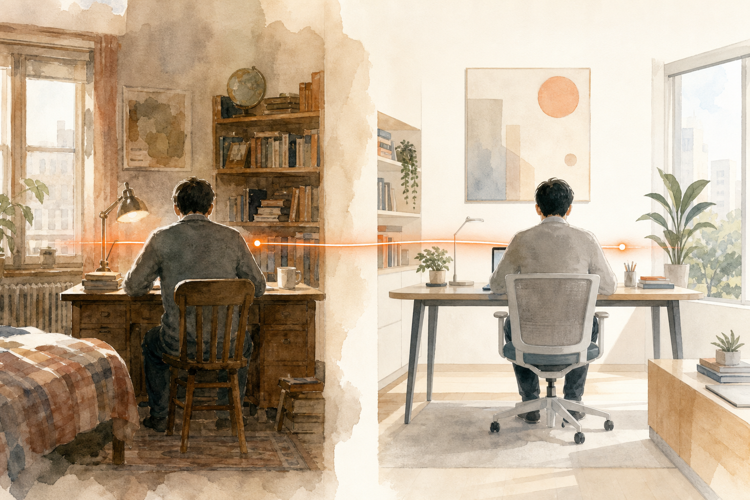 The same person at a 2010-era desk and a modern desk today, joined by a thin coral light