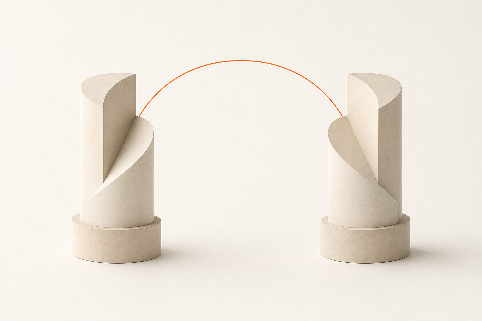 Two nearly identical abstract column shapes on a light surface joined by a thin coral arc, suggesting two different readings of the same thing