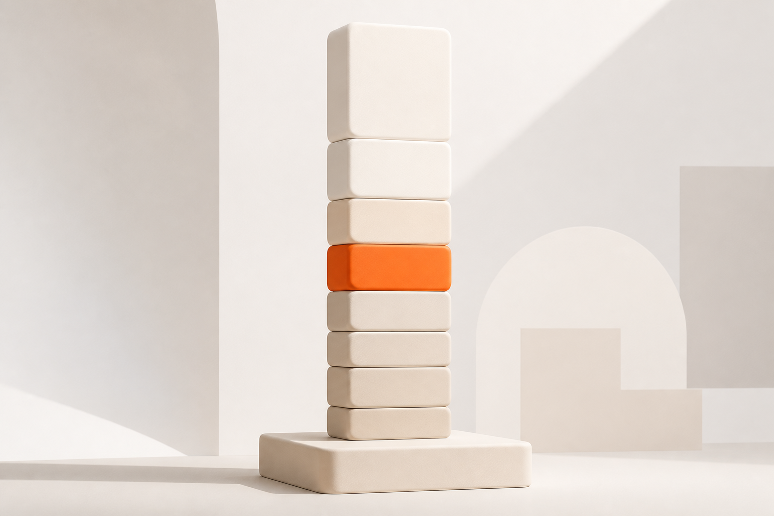 A tall stack of smooth cream blocks rising from a wide, solid base, one block accented in coral