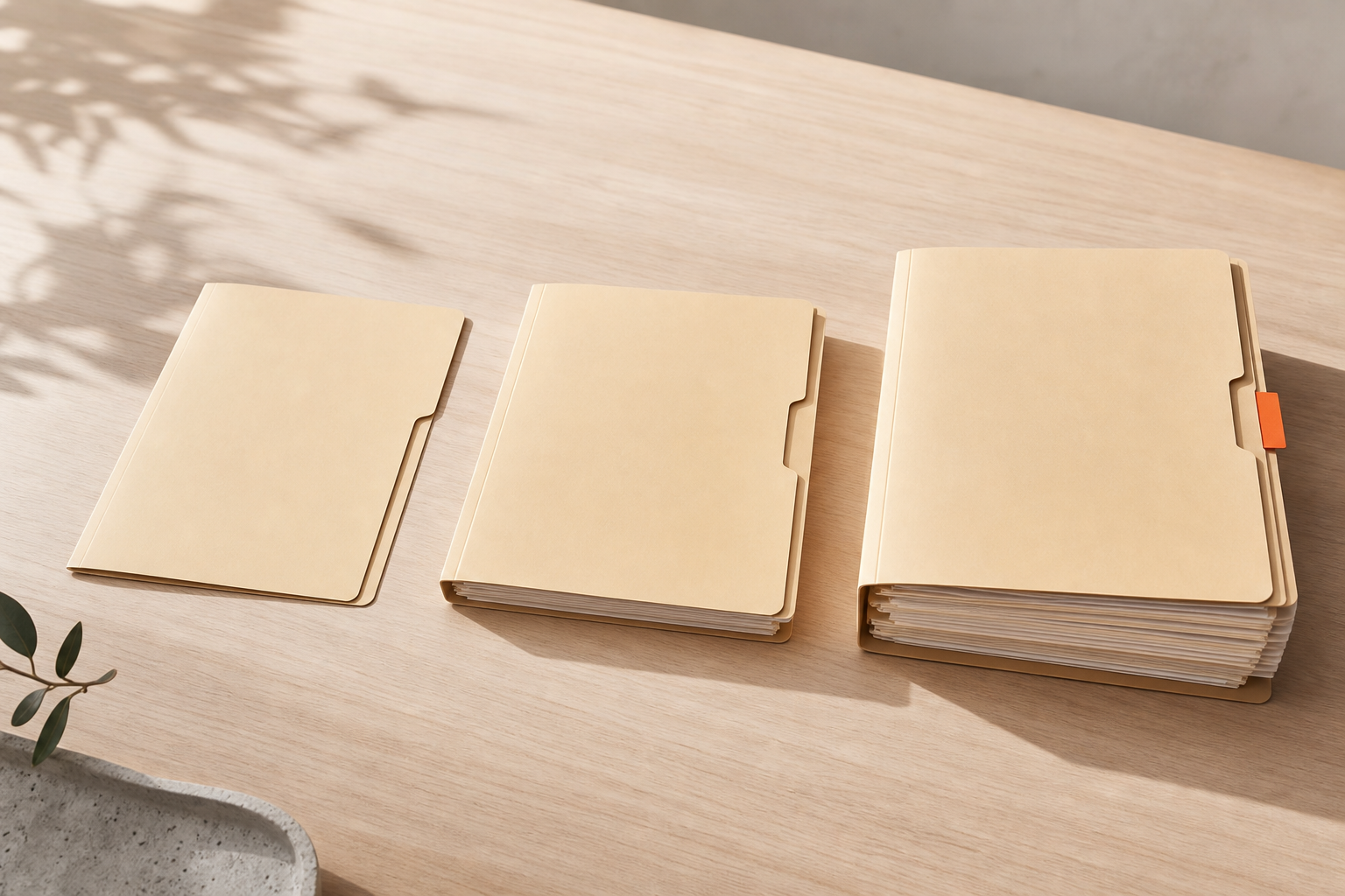 Three folders fanned left to right, growing thicker, with a coral tab on the last, suggesting a progression from intern to full-time